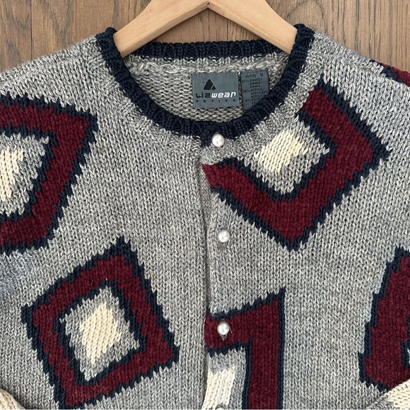 Vintage Geometric Crew Neck Cardigan Sweater Grey, Navy, Red, Cream Petite Small - Picture 3 of 8